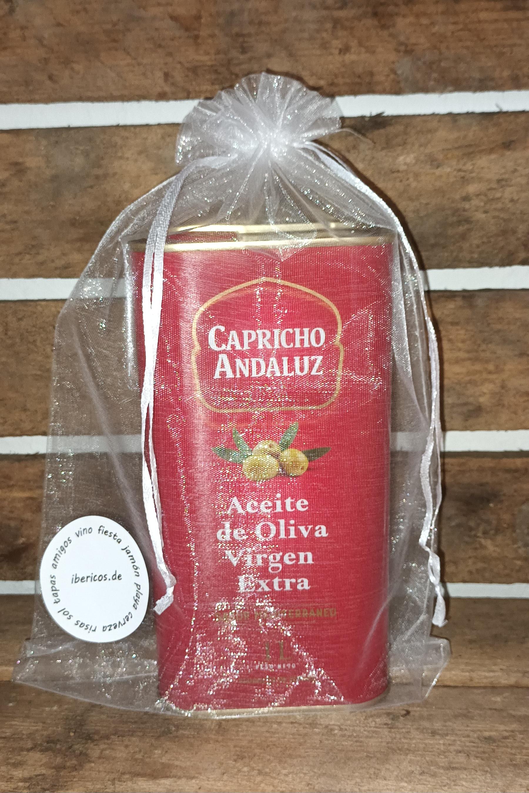 1 Liter Olivenöl extra vergin Olivenöl in einer ansprechenden Blechdose im Organza Beutel Original aus Spanien, Geschenk Idee