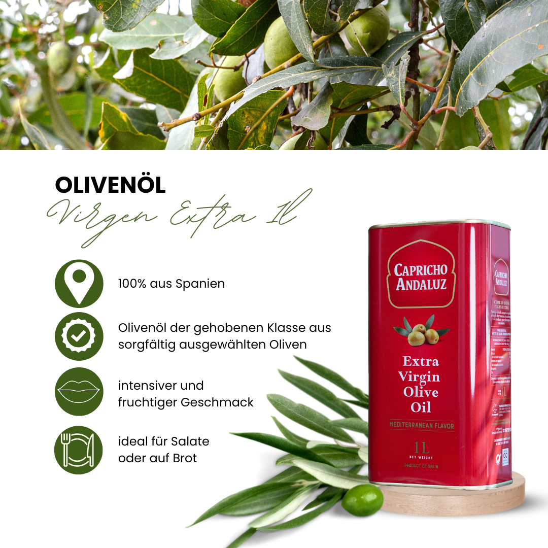 1 Liter Olivenöl extra vergin Olivenöl in einer ansprechenden Blechdose im Organza Beutel Original aus Spanien, Geschenk Idee