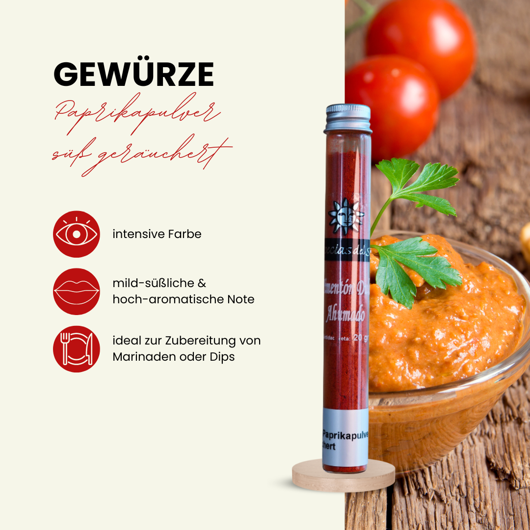 Pimenton Dulce Ahumado - geräucherter süßer Paprika 20 Gramm,  in der Glasröhre Reagenzglas, ideale Geschenk Idee