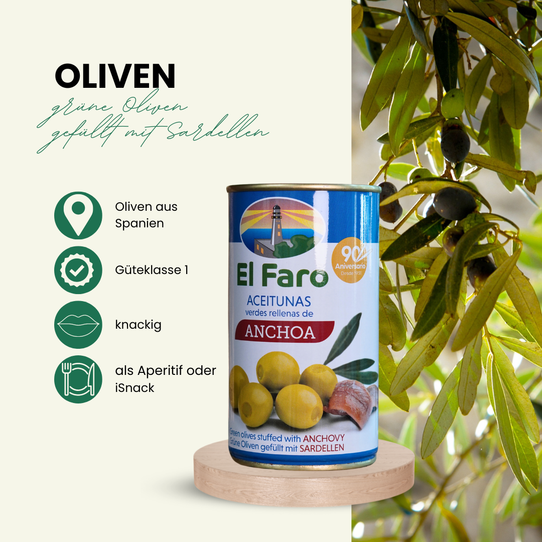 Aceitunas spanische Oliven 3 verschiedene Sorten im Set, 1  gefüllt mit Sardellen, 1 x mit Stein, 1 x gefüllt mit Zitronenpaste