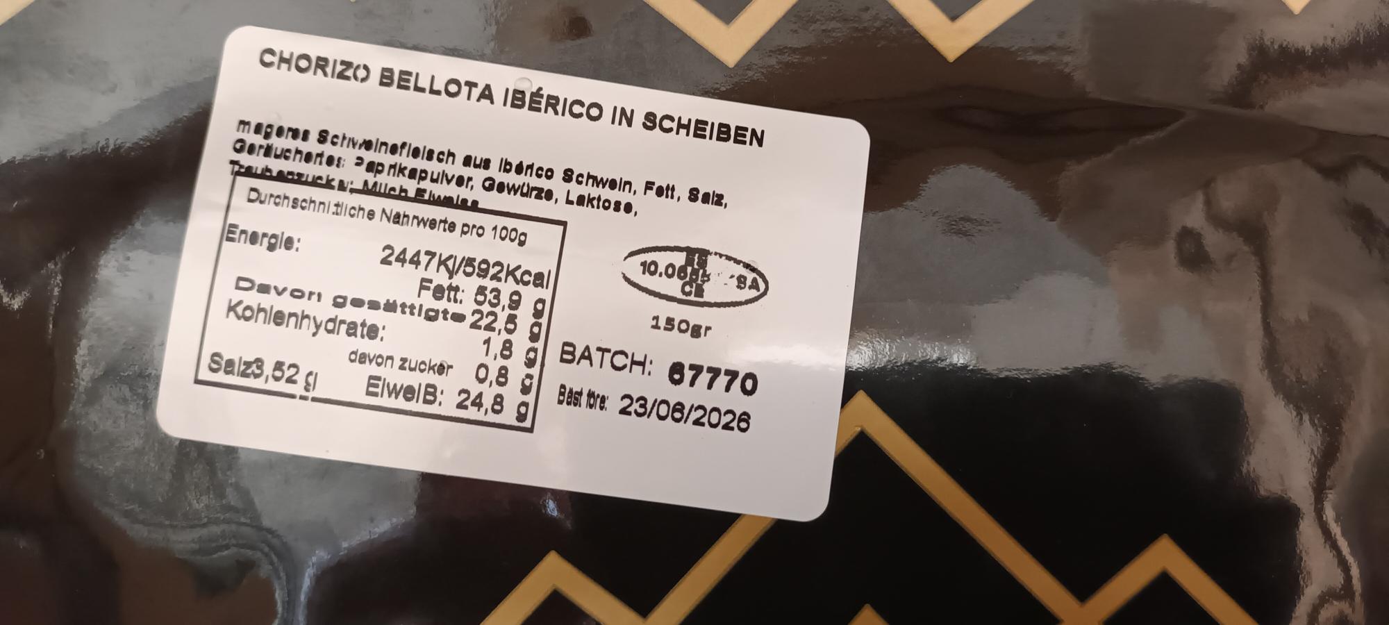 Chorizo Bellota Iberico 100 % Iberico Schwein Delikatesse aus Spanien , mageres Schweinefleisch in Scheiben 120 Gramm
