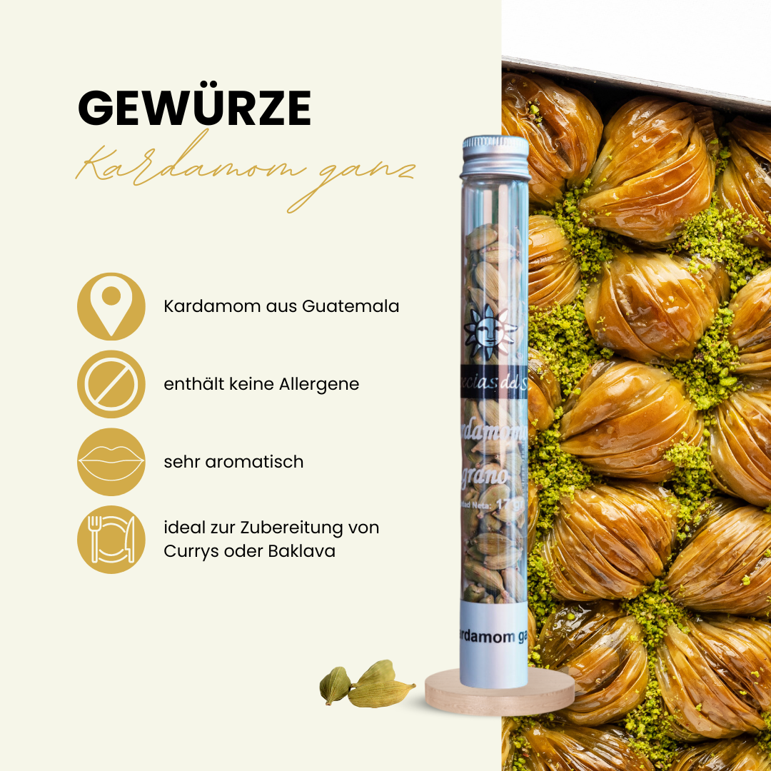 Cardamomo Grano - Kardamom Körner 17 Gramm, Gewürz in der Glasröhre Reagenzglas, ideale Geschenk Idee