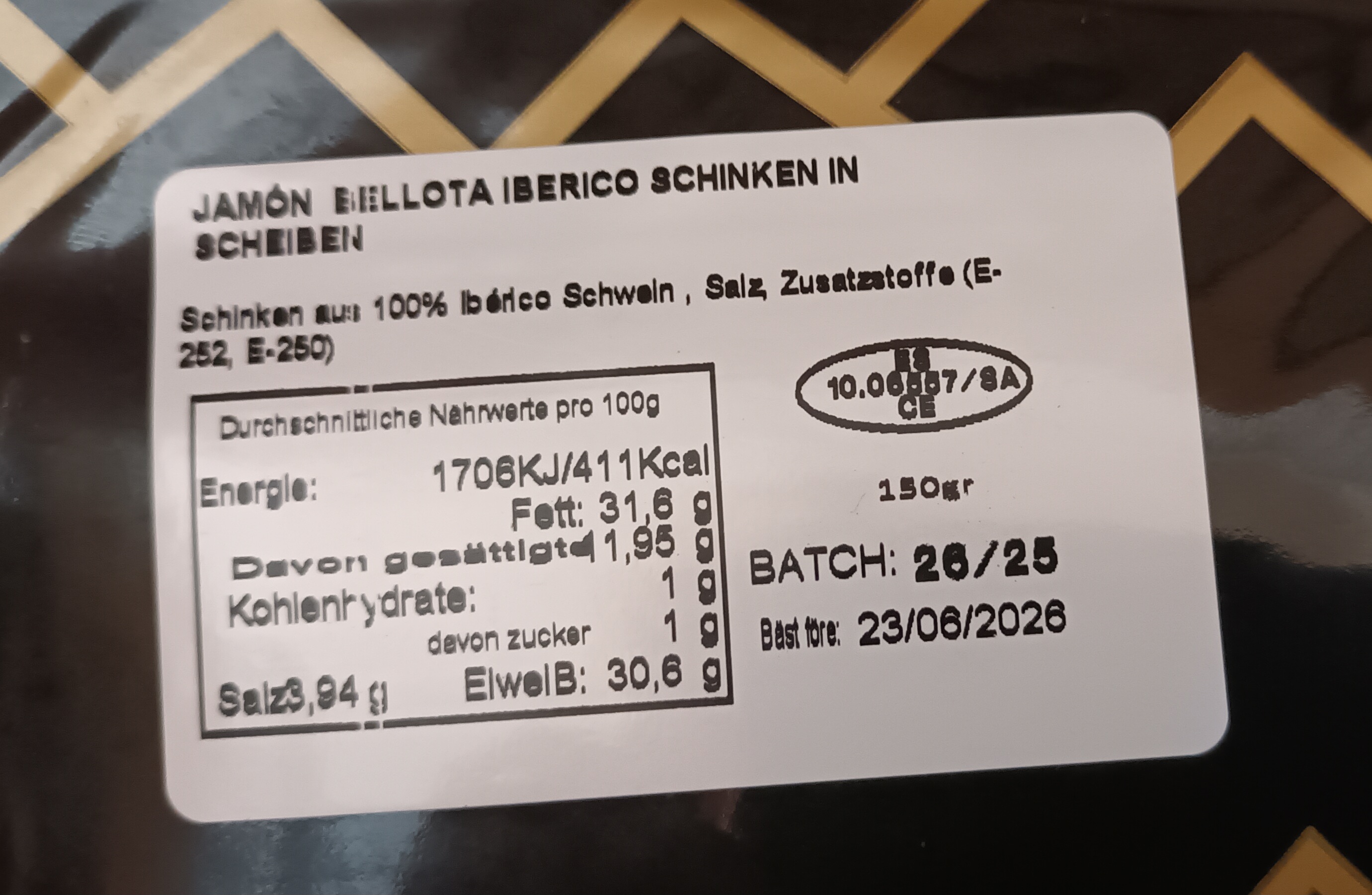 Iberico Schinken Jamon de Bellota, 100% Iberico Schwein 150 Gramm in Scheiben, Spezialität aus Spanien
