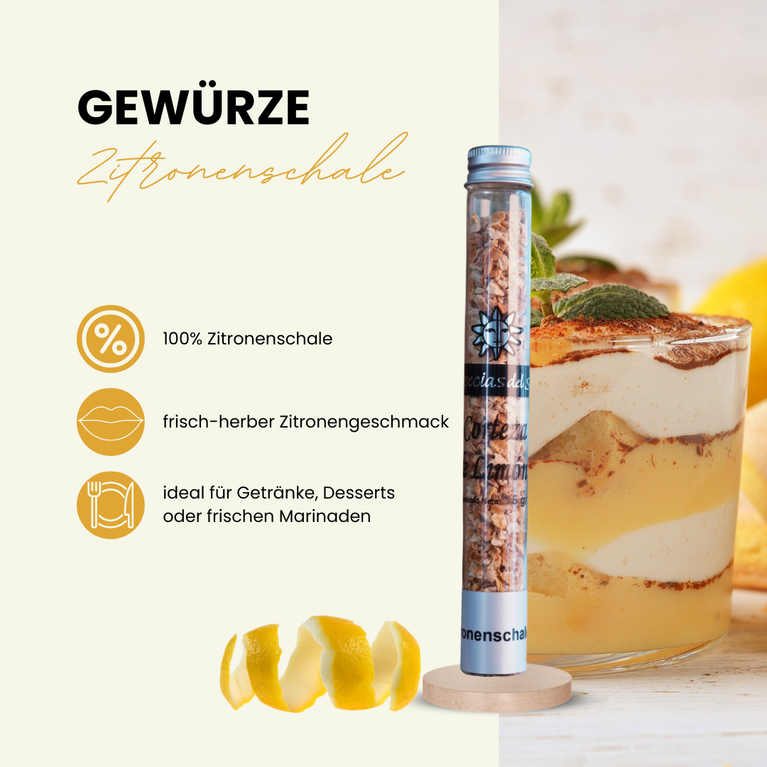 Corteza de Limon - Zitronenschalen 15 Gramm, Gewürz in der Glasröhre Reagenzglas, ideale Geschenk Idee