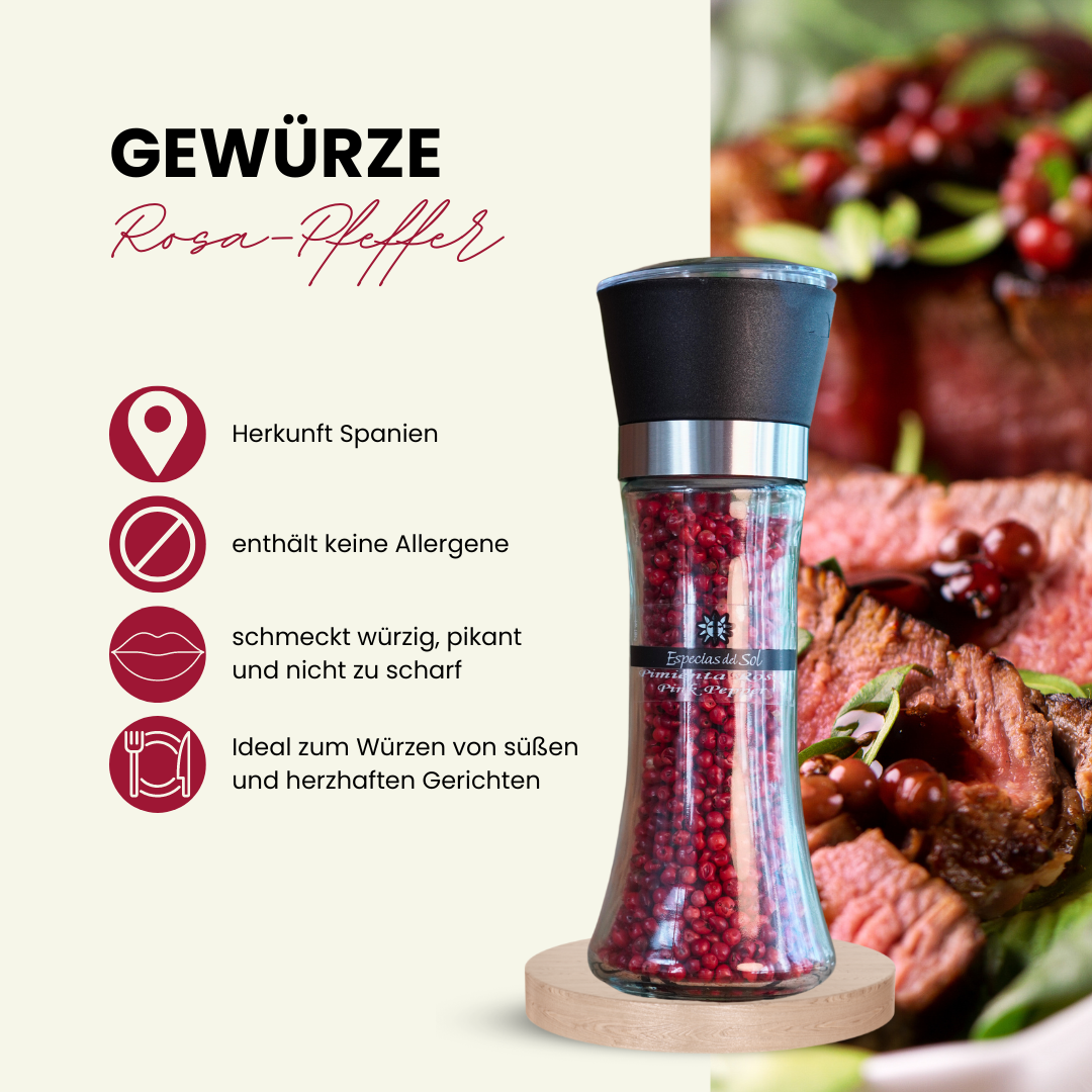 Set 1 x rosa Pfeffer und 1 x schwarzer Pfeffer  in nachfüllbarer Mühle zum Grillen und für Salate, Geschenk Idee!