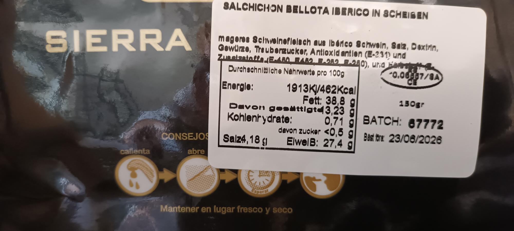 Salchichón de Bellota Ibérico Wurst Spezialität vom Iberico Schwein aus Spanien, 120 Gramm in Scheiben Delikatesse